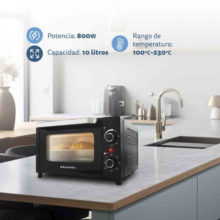 Grunkel HR-10MINI - Horno Eléctrico de Sobremesa Multifunción, 10 Litros, 800W, Temperatura 100-230°C, Temporizador 60 Min, Resistencias Inox, Negro